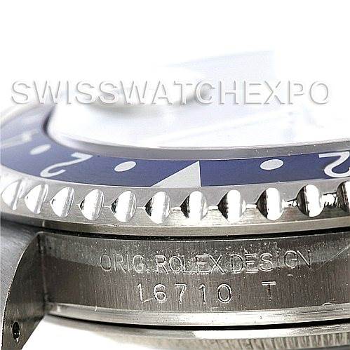 The image shows a close-up side angle of the bezel and case of a Rolex GMT-Master 16710 Men's Stainless Steel Black Dial 16710 Men's Stainless Steel Black Dial model, displaying the model number 16710.