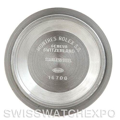 This image shows the inside case back of a Rolex GMT-Master 16700 Men's Stainless Steel Black Dial 16700 Men's Stainless Steel Black Dial watch, featuring engraved details like "16700" and "Stainless Steel."