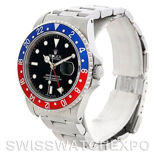 This photo shows a front and right side view of a Rolex GMT-Master 16700 Men's Stainless Steel Black Dial 16700 Men's Stainless Steel Black Dial watch, highlighting its bezel, dial, and bracelet.