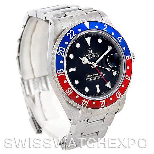 The image shows a front and side view of a Rolex GMT-Master 16700 Men's Stainless Steel Black Dial 16700 Men's Stainless Steel Black Dial watch, highlighting its bezel, dial, bracelet, and crown.