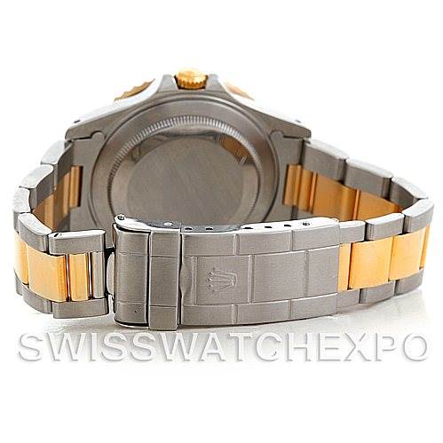 This image shows the back and bracelet of a Rolex GMT-Master 16713 Men
s Stainless Steel Brown Dial 16713 Men
s Stainless Steel Brown Dial watch, featuring a two-tone metal design.