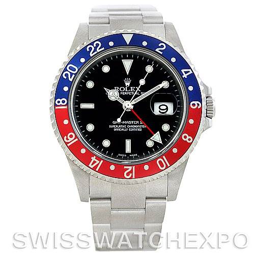 The image shows a front view of a Rolex GMT-Master 16710 Men's Stainless Steel Black Dial 16710 Men's Stainless Steel Black Dial II watch, highlighting its dial, bezel, and bracelet.