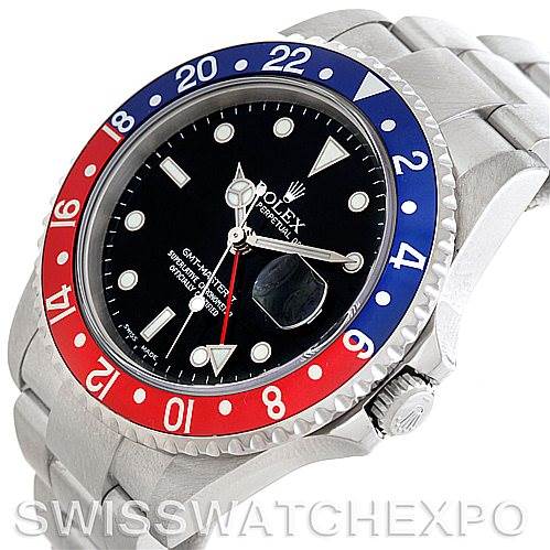 The image shows a Rolex GMT-Master 16710 Men's Stainless Steel Black Dial 16710 Men's Stainless Steel Black Dial watch at an angled front view, highlighting the bezel, dial, hands, and bracelet.