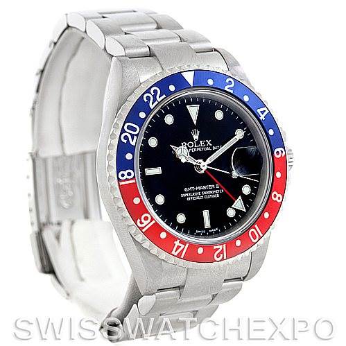 The Rolex GMT-Master 16710 Men's Stainless Steel Black Dial 16710 Men's Stainless Steel Black Dial watch is shown at a slight angle, displaying its bezel, dial, and part of the bracelet.