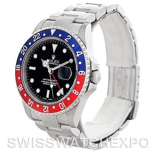 This image shows a Rolex GMT-Master 16710 Men's Stainless Steel Black Dial 16710 Men's Stainless Steel Black Dial watch at a three-quarter angle, highlighting its blue and red bezel, black dial, and stainless steel bracelet.