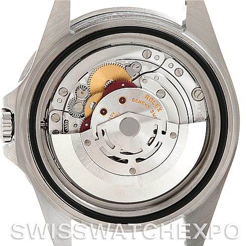 This image shows the internal movement mechanism of a Rolex GMT-Master 16710 Men's Stainless Steel Black Dial 16710 Men's Stainless Steel Black Dial watch from a rear angle with the case back removed.