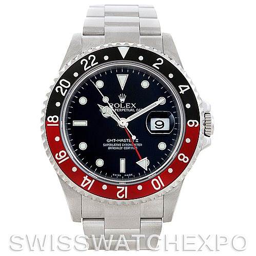The image shows a front view of a Rolex GMT-Master 16710 Men's Stainless Steel Black Dial 16710 Men's Stainless Steel Black Dial watch, displaying the dial, bezel, lugs, bracelet, and date window.