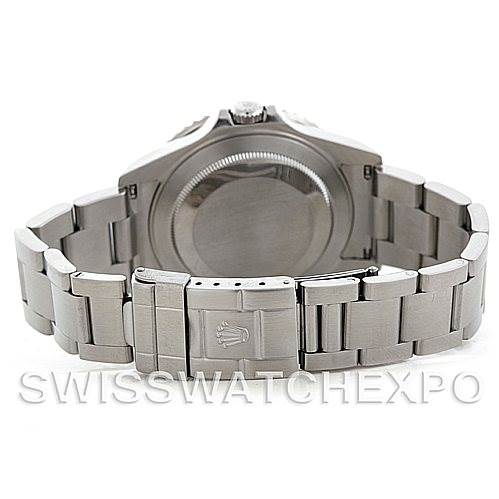 The image shows the back view of a Rolex GMT-Master 16710 Men's Stainless Steel Black Dial 16710 Men's Stainless Steel Black Dial watch, highlighting the case back and the stainless steel bracelet with the clasp.