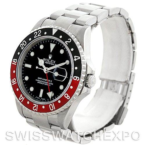 The image shows a Rolex GMT-Master 16710 Men's Stainless Steel Black Dial 16710 Men's Stainless Steel Black Dial watch angled to display its face, bezel, and part of the bracelet.