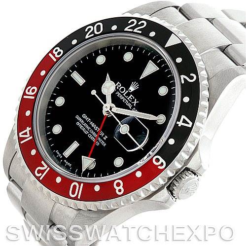 The image shows a Rolex GMT-Master 16710 Men's Stainless Steel Black Dial 16710 Men's Stainless Steel Black Dial watch at an angle showcasing the face, bezel, and a portion of the bracelet.