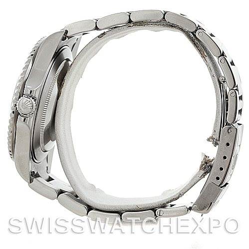 The image shows a side view of a Rolex GMT-Master 16710 Men's Stainless Steel Black Dial 16710 Men's Stainless Steel Black Dial watch, highlighting the case, crown, and bracelet.