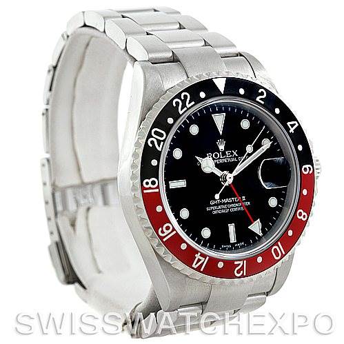 The Rolex GMT-Master 16710 Men's Stainless Steel Black Dial 16710 Men's Stainless Steel Black Dial watch is shown at a three-quarter angle, displaying the bezel, dial, case, and bracelet.