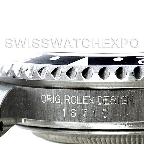 This image shows a close-up of the side and bezel edge of a Rolex GMT-Master 16710 Men's Stainless Steel Black Dial 16710 Men's Stainless Steel Black Dial model with the design number "16710."