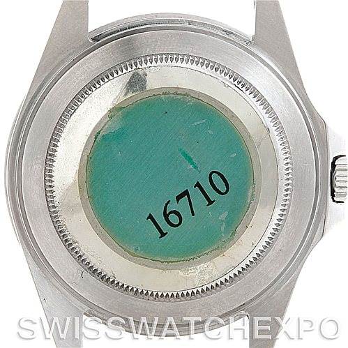 The image shows the case back of a Rolex GMT-Master 16710 Men's Stainless Steel Black Dial 16710 Men's Stainless Steel Black Dial model with the reference number 16710.