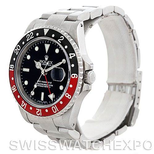 The image shows a side angle of the Rolex GMT-Master 16710 Men's Stainless Steel Black Dial 16710 Men's Stainless Steel Black Dial watch, highlighting the bezel, dial, crown, and bracelet.