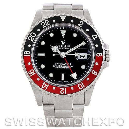 The image shows a frontal view of a Rolex GMT-Master 16710 Men's Stainless Steel Black Dial 16710 Men's Stainless Steel Black Dial II watch, highlighting its bezel, dial, bracelet, and date window.
