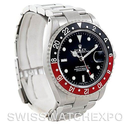 The image shows a front and side view of the Rolex GMT-Master 16710 Men's Stainless Steel Black Dial 16710 Men's Stainless Steel Black Dial watch, highlighting its bezel, dial, and bracelet.