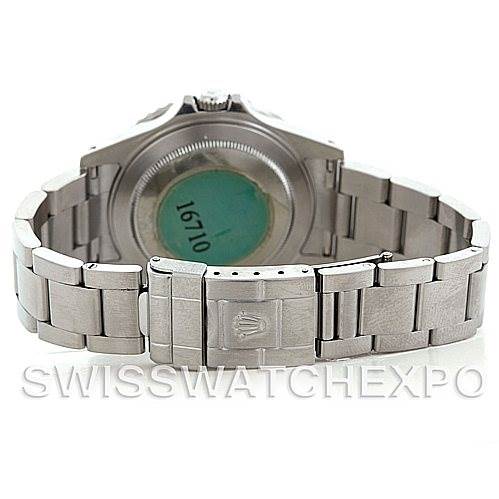 The image shows the case back and bracelet clasp of a Rolex GMT-Master 16710 Men's Stainless Steel Black Dial 16710 Men's Stainless Steel Black Dial model watch.