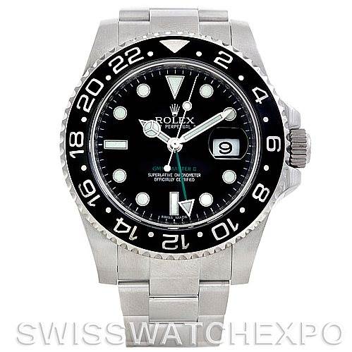 The image shows a front view of the Rolex GMT-Master 116710 Men's Stainless Steel Black Dial 116710 Men's Stainless Steel Black Dial watch, displaying its face, bezel, and stainless steel bracelet.