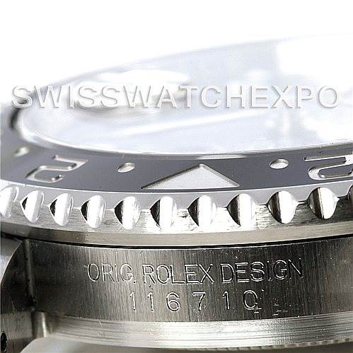 This image shows a close-up side view of the bezel and casing of a Rolex GMT-Master 116710 Men's Stainless Steel Black Dial 116710 Men's Stainless Steel Black Dial, with "ORIG ROLEX DESIGN 116710LN" engraved.