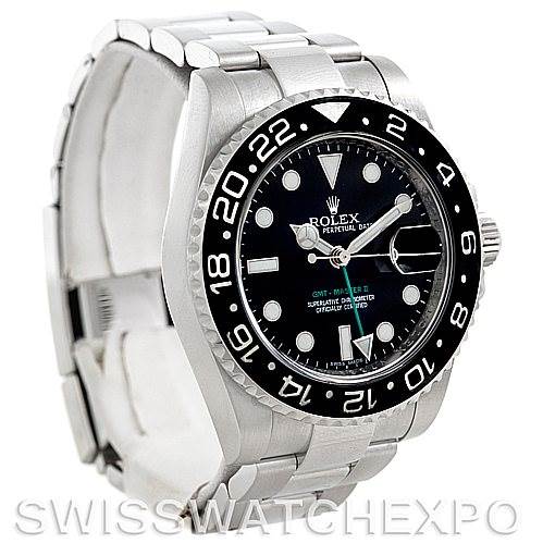 The image shows a side-angle view of the Rolex GMT-Master 116710 Men's Stainless Steel Black Dial 116710 Men's Stainless Steel Black Dial watch, highlighting the dial, bezel, and bracelet.
