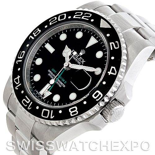 This angle showcases the face, bezel, and part of the bracelet of a Rolex GMT-Master 116710 Men's Stainless Steel Black Dial 116710 Men's Stainless Steel Black Dial watch.