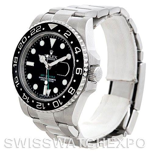 The image shows a side and front angle of a Rolex GMT-Master 116710 Men's Stainless Steel Black Dial 116710 Men's Stainless Steel Black Dial watch, highlighting the bezel, crown, and bracelet.