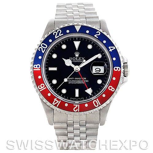 The image shows a front view of a Rolex GMT-Master 16700 Men's Stainless Steel Black Dial 16700 Men's Stainless Steel Black Dial watch with a red and blue bezel, black dial, and steel bracelet.