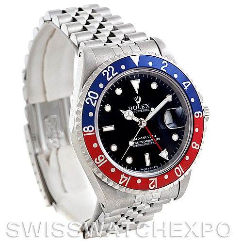 This Rolex GMT-Master 16700 Men's Stainless Steel Black Dial 16700 Men's Stainless Steel Black Dial watch is shown at a three-quarters angle, displaying the bezel, dial, bracelet, and case.