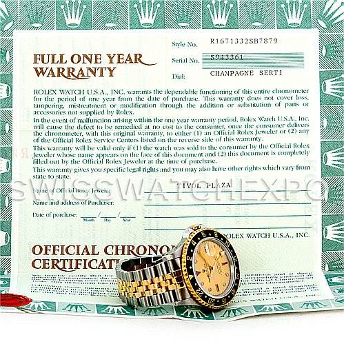 The image shows a Rolex GMT-Master 16713 Men's Stainless Steel Champagne Dial 16713 Men's Stainless Steel Champagne Dial watch with a two-tone bracelet and paperwork including a full one-year warranty and official chronometer certification.