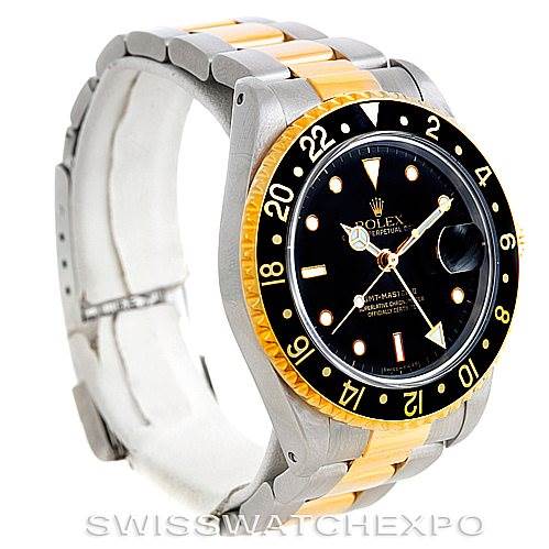The image shows a Rolex GMT-Master 16713 Men's Stainless Steel Black Dial 16713 Men's Stainless Steel Black Dial watch at a quarter-angle view, highlighting the bezel, dial, and bracelet.