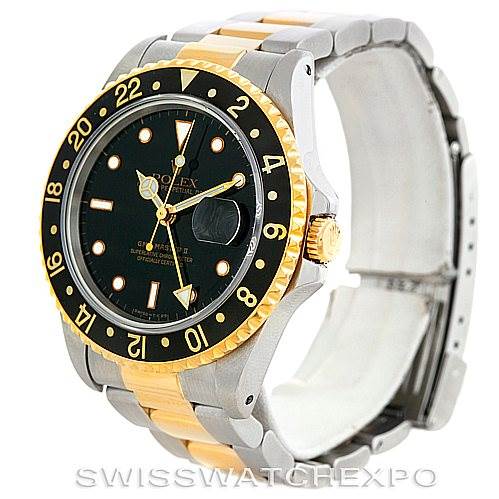 The image shows a side angle of the Rolex GMT-Master 16713 Men's Stainless Steel Black Dial 16713 Men's Stainless Steel Black Dial watch, highlighting the bezel, crown, and part of the bracelet.