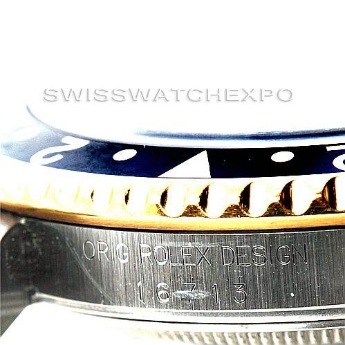 The image shows a close-up angle of the bezel and case side of a Rolex GMT-Master 16713 Men's Stainless Steel Black Dial 16713 Men's Stainless Steel Black Dial, displaying the model number 16713 and "ORIG POLEX DESIGN."