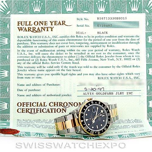 The image shows a Rolex GMT-Master 16713 Men's Stainless Steel Black Dial 16713 Men's Stainless Steel Black Dial watch facing front with the dial and bezel visible, placed on a warranty certificate.