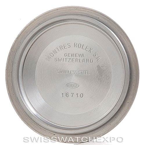 This is the inside view of the case back for a Rolex GMT-Master 16713 Men's Stainless Steel Black Dial 16713 Men's Stainless Steel Black Dial model, showing inscriptions and model number 16710.