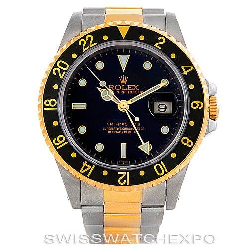 This image shows the front view of a Rolex GMT-Master 16713 Men's Stainless Steel Black Dial 16713 Men's Stainless Steel Black Dial watch, highlighting the dial, bezel, and part of the bracelet.