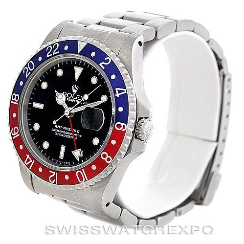 The image shows the Rolex GMT-Master 16710 Men's Stainless Steel Black Dial 16710 Men's Stainless Steel Black Dial watch at a three-quarter angle highlighting the bezel, dial, and bracelet.