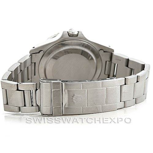 The image shows the back view and bracelet of a Rolex GMT-Master 16710 Men's Stainless Steel Black Dial 16710 Men's Stainless Steel Black Dial watch, featuring its clasp and caseback.