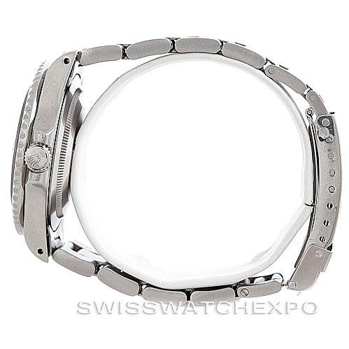 This image shows a side view of the Rolex GMT-Master 16710 Men's Stainless Steel Black Dial 16710 Men's Stainless Steel Black Dial watch, highlighting the case, crown, and bracelet.