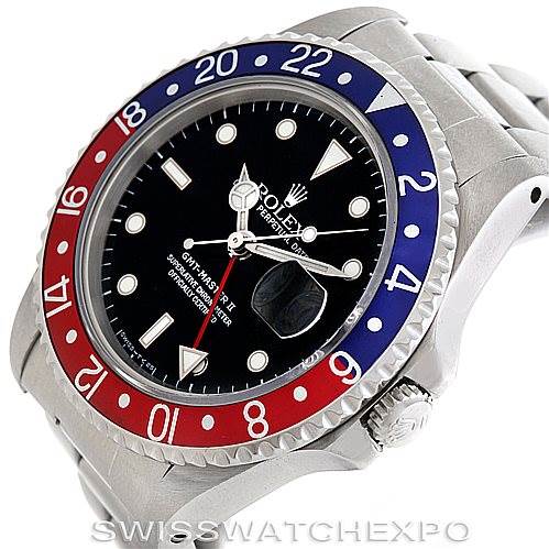 This Rolex GMT-Master 16710 Men's Stainless Steel Black Dial 16710 Men's Stainless Steel Black Dial watch is shown from a front angle, highlighting its bezel, dial, and bracelet.