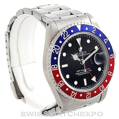 This image shows a Rolex GMT-Master 16710 Men's Stainless Steel Black Dial 16710 Men's Stainless Steel Black Dial watch angled from the front-left, displaying the bezel, dial, and bracelet.
