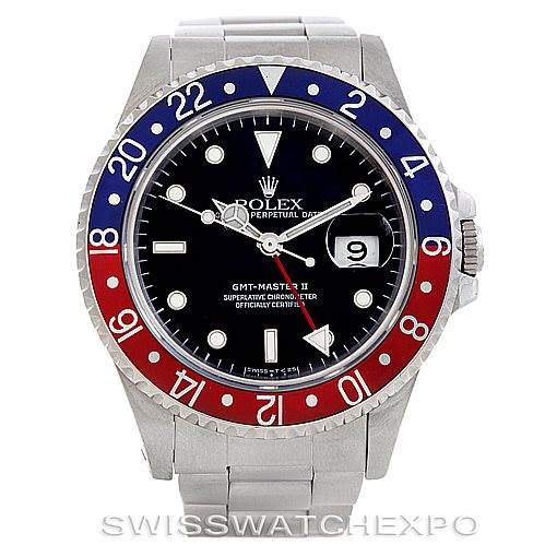 The image shows a front view of the Rolex GMT-Master 16710 Men's Stainless Steel Black Dial 16710 Men's Stainless Steel Black Dial II watch, highlighting its black dial, red and blue bezel, and stainless steel bracelet.