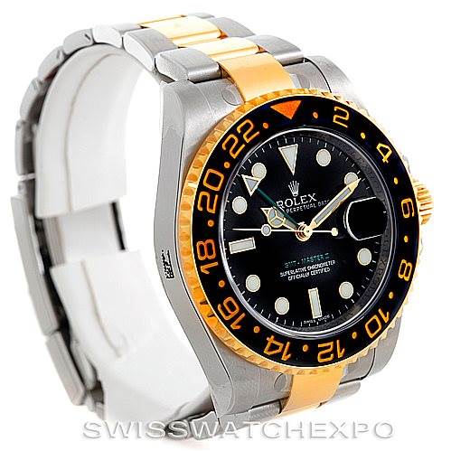 The Rolex GMT-Master 116713 Men's Stainless Steel Black Dial 116713 Men's Stainless Steel Black Dial watch is shown at a three-quarter angle, highlighting its black and gold bezel, dial, and two-tone bracelet.