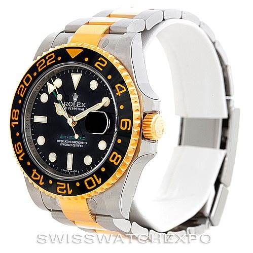 The image shows a Rolex GMT-Master 116713 Men's Stainless Steel Black Dial 116713 Men's Stainless Steel Black Dial watch from an angled side view, highlighting the bezel, dial, and bracelet.