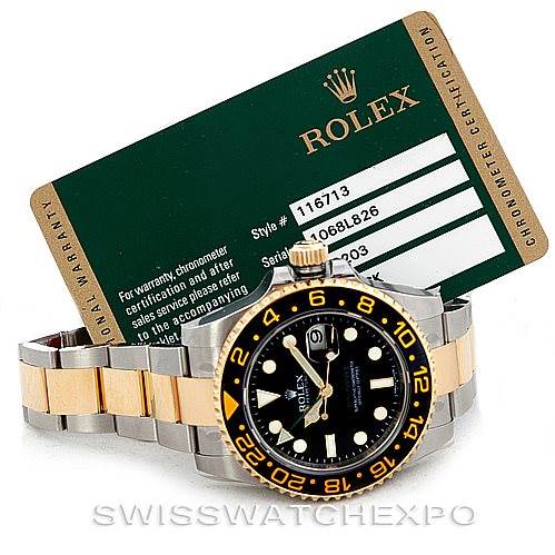 The Rolex GMT-Master 116713 Men's Stainless Steel Black Dial 116713 Men's Stainless Steel Black Dial watch is displayed at a slightly angled view, alongside a certification card in the background.