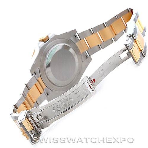 The image shows the back view and partially opened clasp of a Rolex GMT-Master 116713 Men's Stainless Steel Black Dial 116713 Men's Stainless Steel Black Dial watch, highlighting the bracelet and case back.