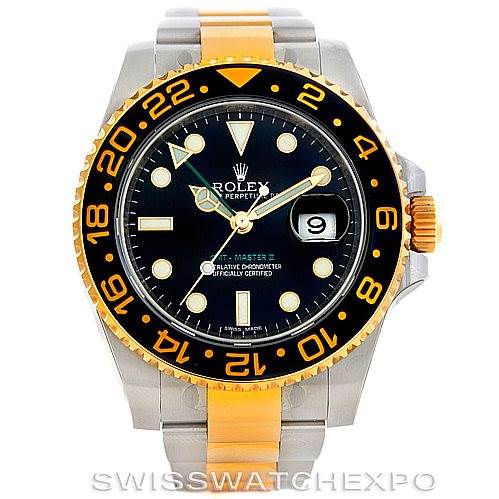 This is a front view of the Rolex GMT-Master 116713 Men's Stainless Steel Black Dial 116713 Men's Stainless Steel Black Dial II watch, showing the face, bezel, and part of the strap.