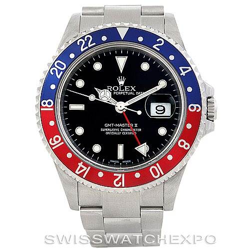 The image shows a front view of a Rolex GMT-Master 16710 Men's Stainless Steel Black Dial 16710 Men's Stainless Steel Black Dial watch with a stainless steel strap and a black dial with a red and blue bezel.