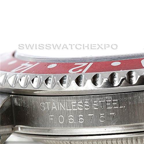 The image shows a close-up side angle of a Rolex GMT-Master 16710 Men's Stainless Steel Black Dial 16710 Men's Stainless Steel Black Dial watch case, highlighting its stainless steel material and part of the bezel.