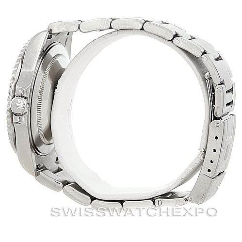 This image shows a side view of a Rolex GMT-Master 16710 Men's Stainless Steel Black Dial 16710 Men's Stainless Steel Black Dial watch focusing on the bracelet, crown, and case.